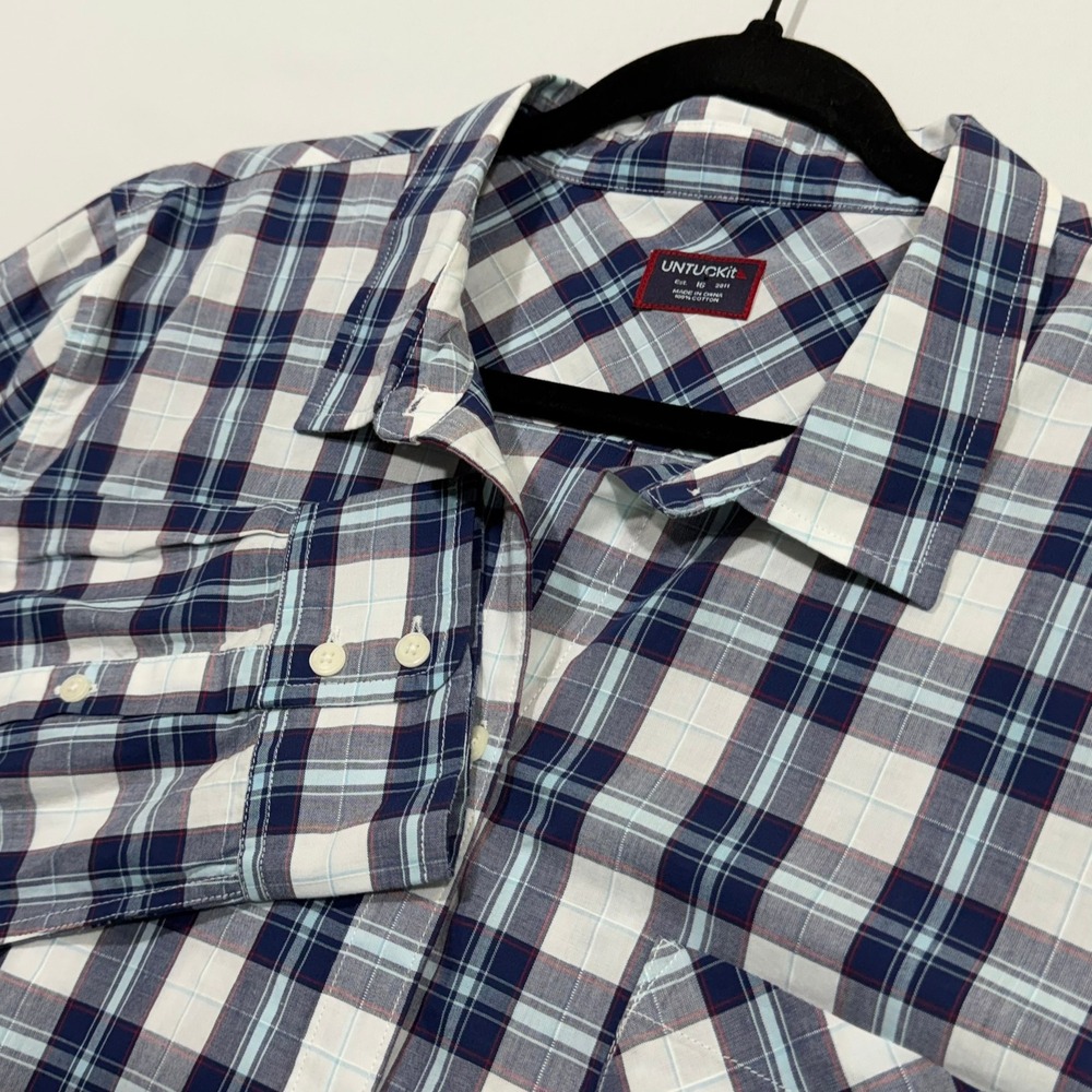 Untuckit Sorbo Shirt Womens 16 Blue White Plaid Cotton Preppy Classic‎